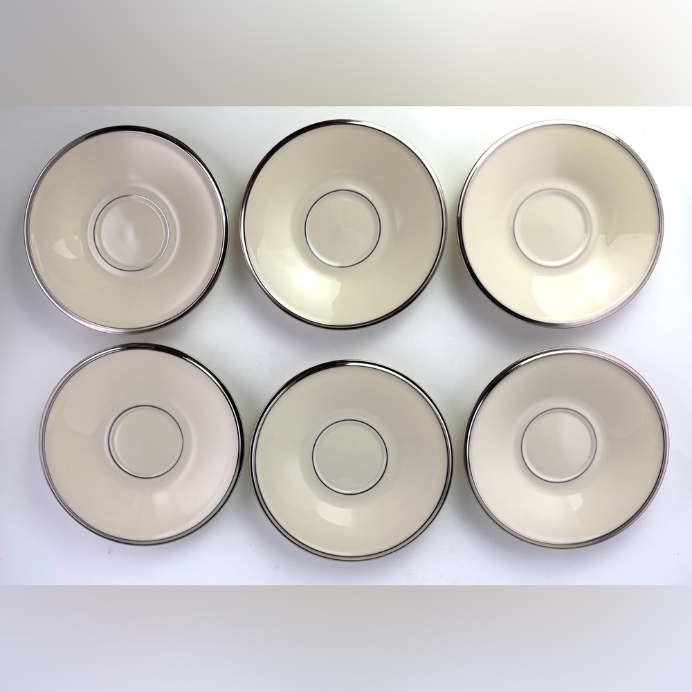 Set of 6 Lenox Solitaire Dimension Collection Ivory Platinum Trim 6” Saucers